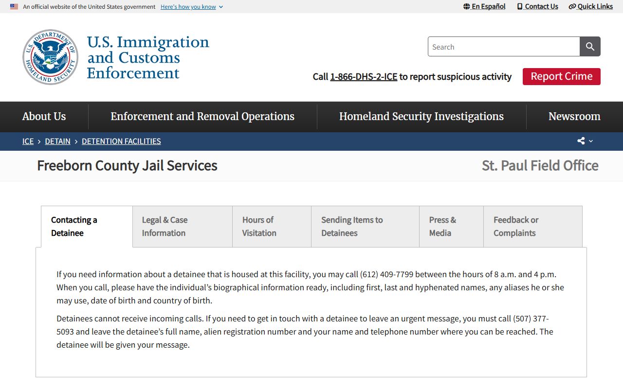 Freeborn County Adult Detention Center ICE inmate lookup page