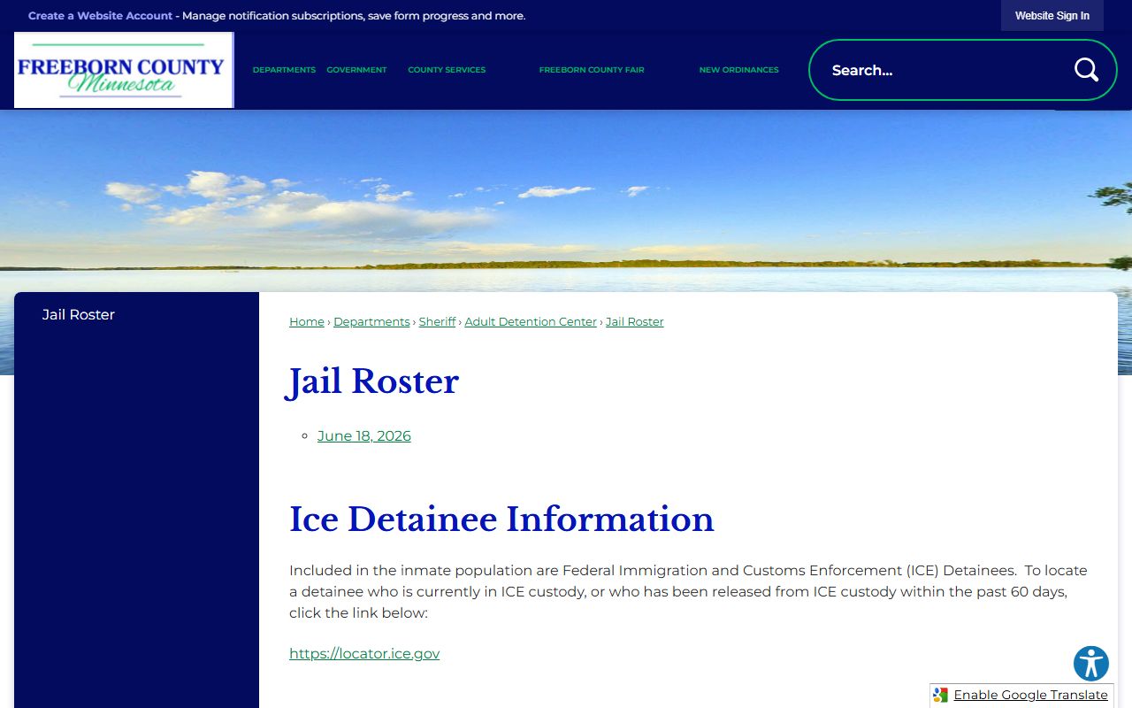 Freeborn County inmate records jail roster PDF link